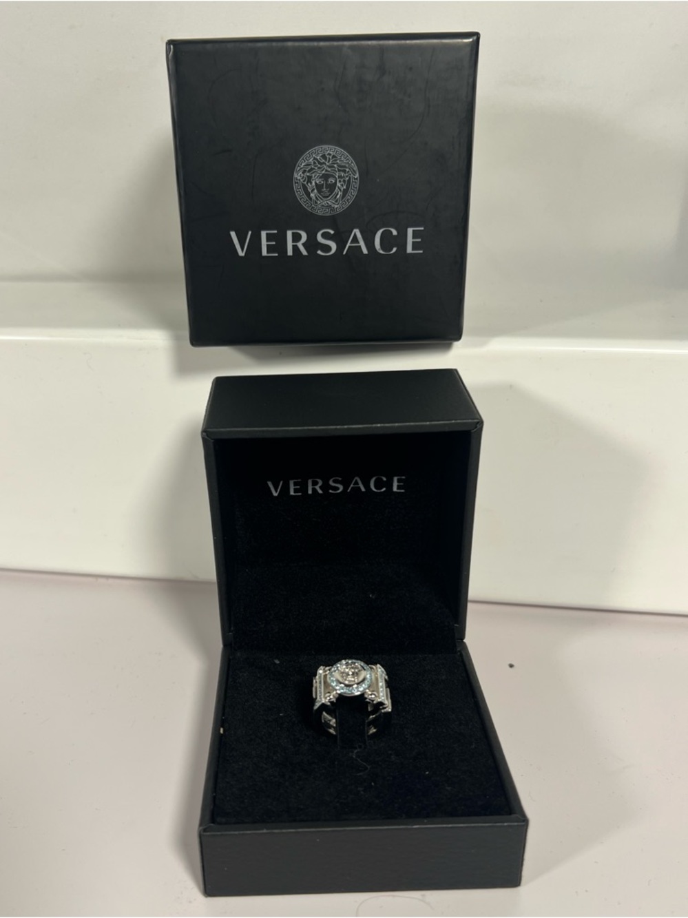 Versace Medusa Crystal Statement Ring Silver Blue Size 6
